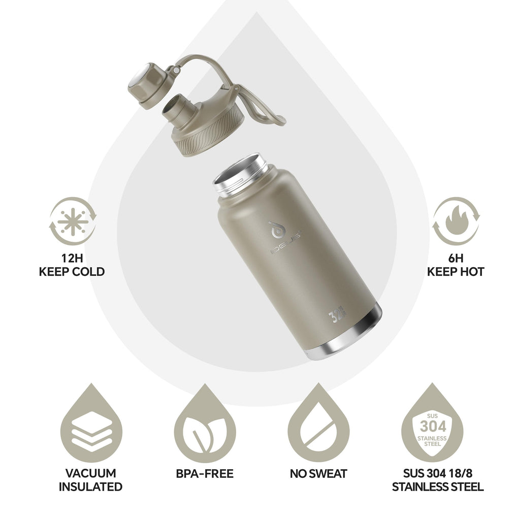 IDEUS Insulated Stainless Steel Water Bottle with 2 Leak-Proof Lids, Thermal Water Flask for Hiking Biking, 32oz, Celadon