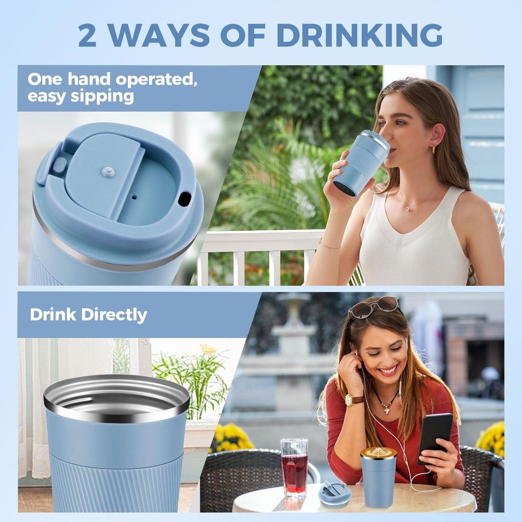 Volhoply 13 oz Stainless Steel Insulated Travel Coffee Mug with Fip Lid Bulk 2 Pack,Reusable Double Wall Vacuum Metal Coffee Cup,Portable Leak Proof Thermal Tumbler for Hot & Cold Drinks(Fog,2)