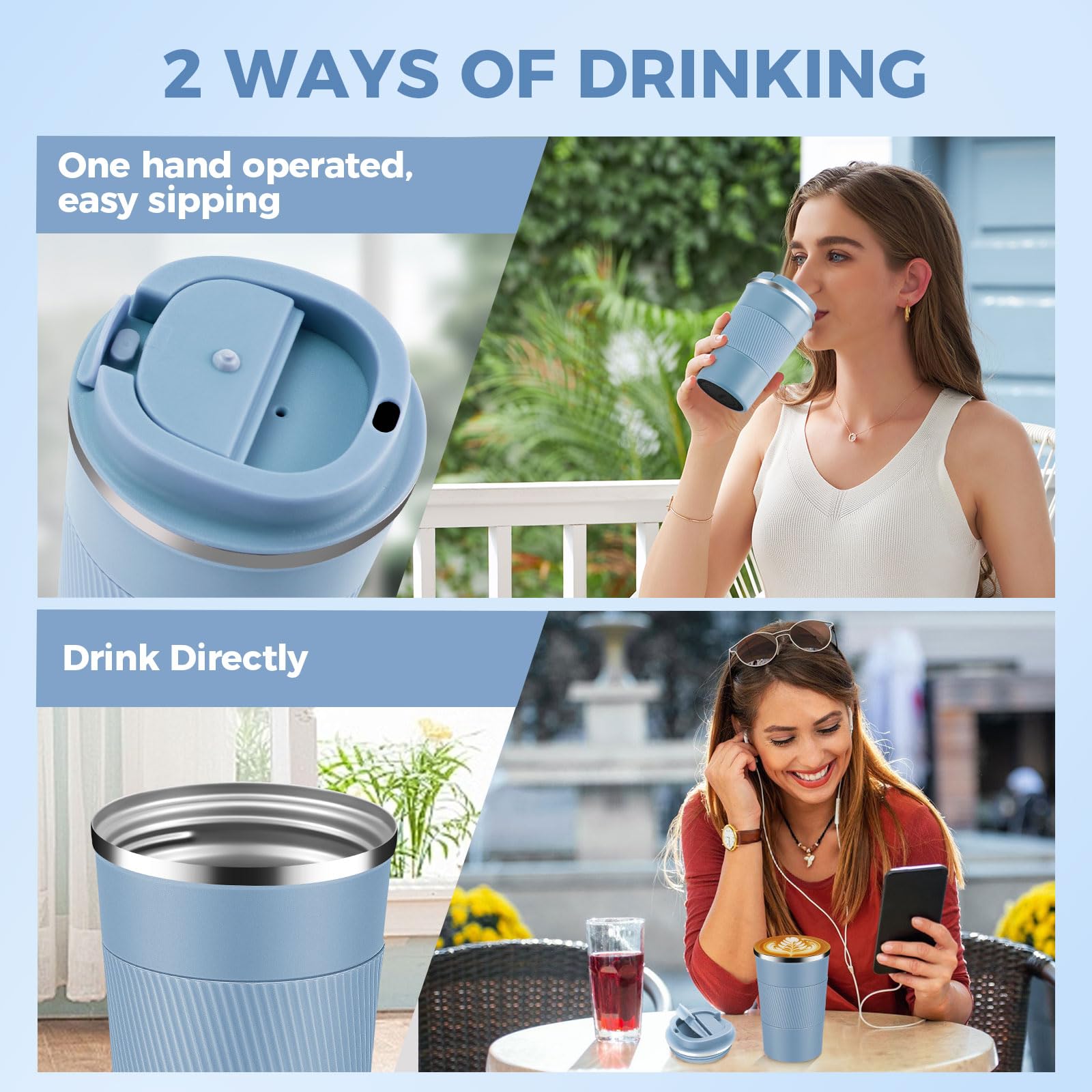 Volhoply 13 oz Stainless Steel Insulated Travel Coffee Mug with Fip Lid Bulk 2 Pack,Reusable Double Wall Vacuum Metal Coffee Cup,Portable Leak Proof Thermal Tumbler for Hot & Cold Drinks(Fog,2)