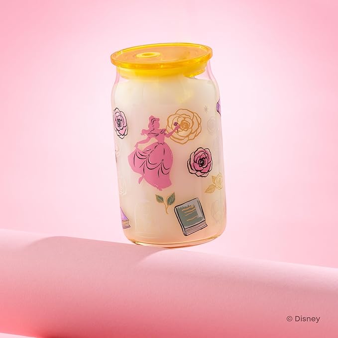 JoyJolt Disney Princess Icon Glass Tumblers with Lids and Straws, 16oz Glass Cups with Lids and Straws ft Princess Jasmine Ariel Cinderella Belle, 4pc Can Shaped Drinking Glasses, Iced Coffee Cups