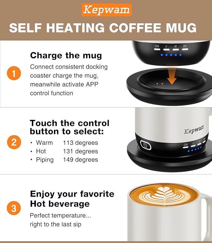 Heated Coffee Mug T1-14oz Fast Heating & Longer Battery Life Self Heating Coffee Mug Hot to 149℉ - Touch & App Controlled Mug Coffee and Hot Beverage Warmer, Gifts for Women and Men