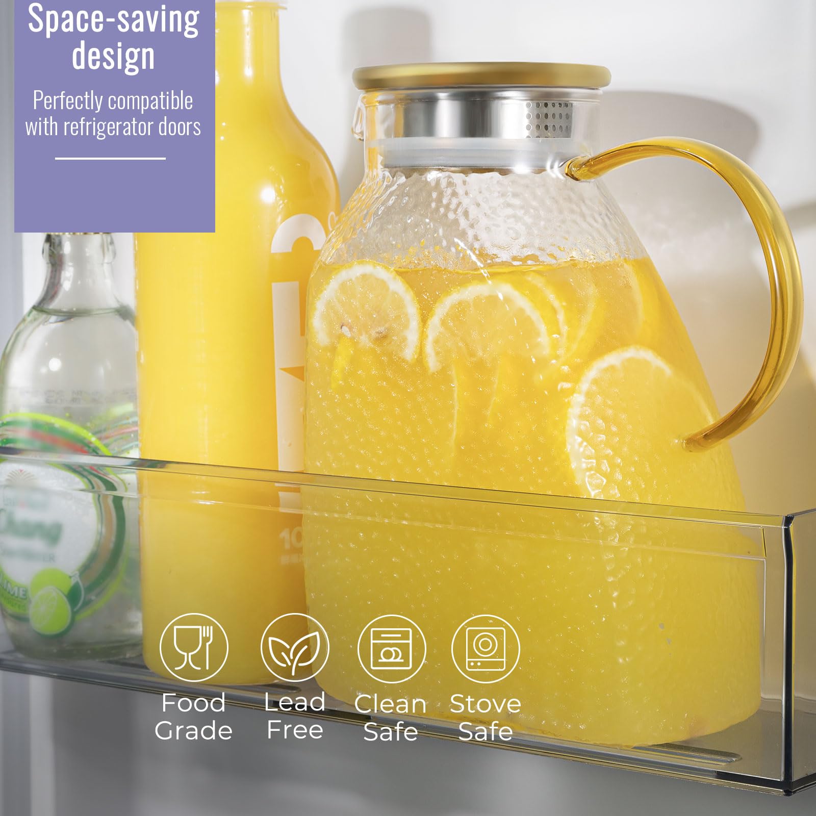 WARMSIMPLE Glass Pitcher With Lid, 2 Liters Glass Pitchers With Handle And Lid, 68 oz Water Pitcher For Fridge, Tea Jug Carafe Jar For Hot/Cold Water Iced Juice Coffee Milk Fruit