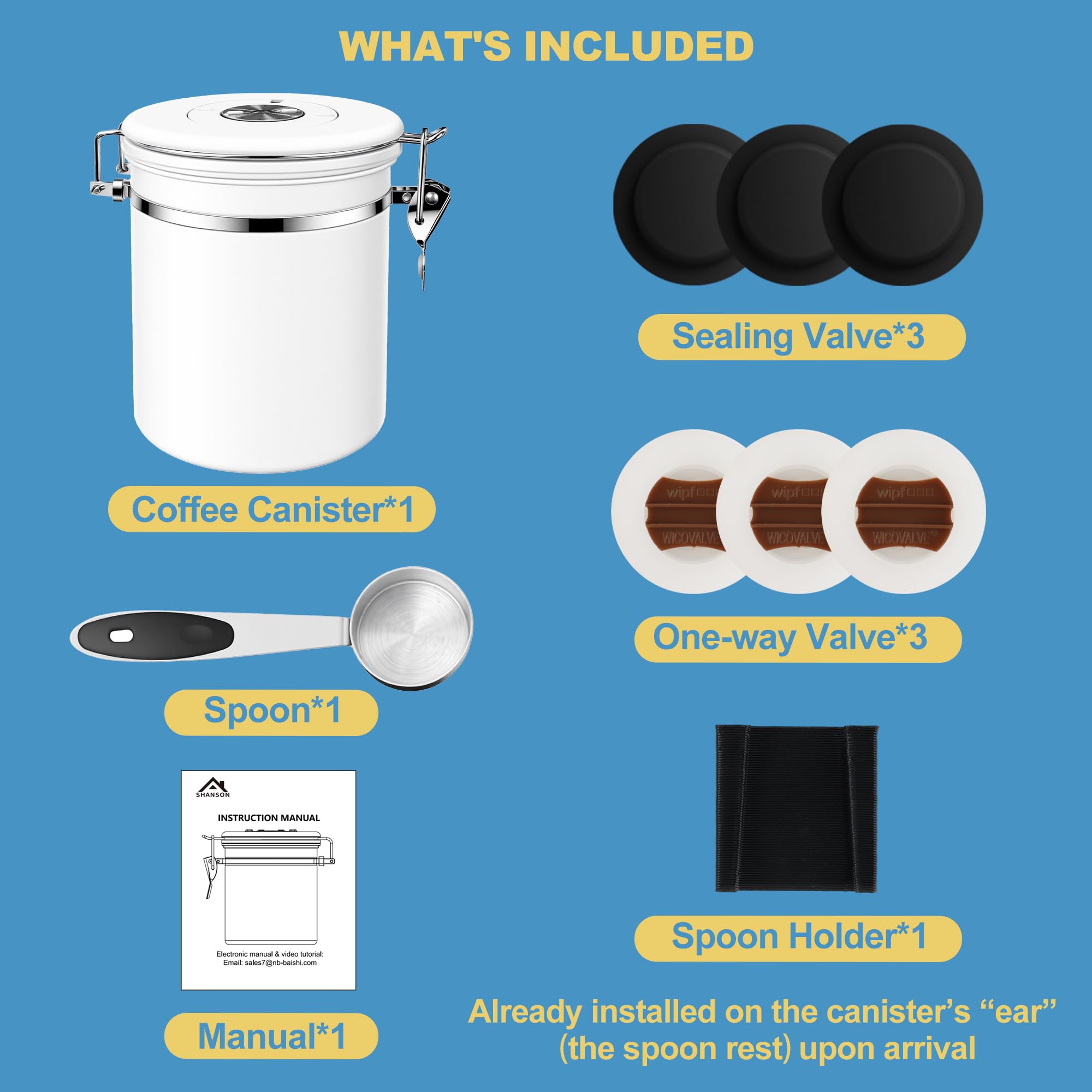 ShanSon Coffee Canister Airtight, Stainless Steel Bean Storage Container with Date Tracker & Scoop, Grounds Sugar Flour Tea Cereal Fits Kitchen Pantry, Ideal Gift for Coffee Lovers,22oz, White
