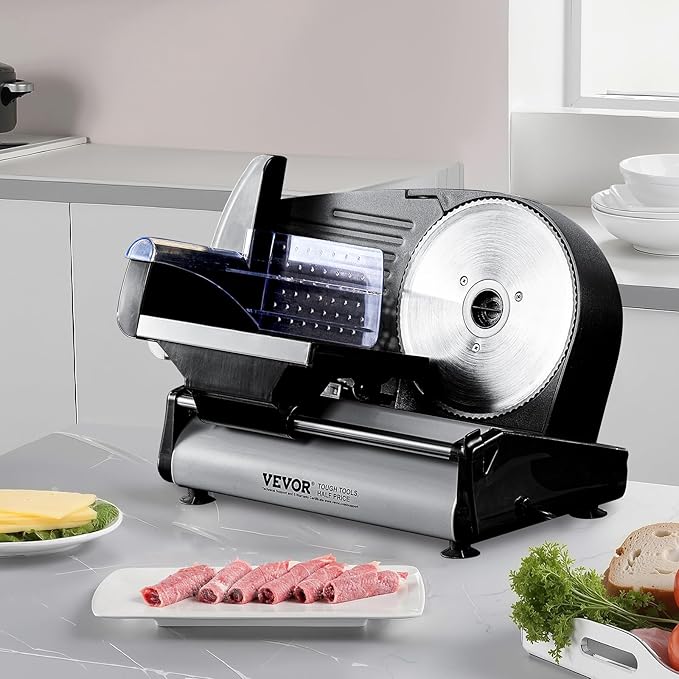 VEVOR Meat Slicer, 7.5 inch Electric Deli Food Slicer with two Premium SUS420 Blades, 0-0.6 inch Adjustable Thickness, 180W Food Slicer Machine for Meat, Hard Bread and Cheese, Home Use