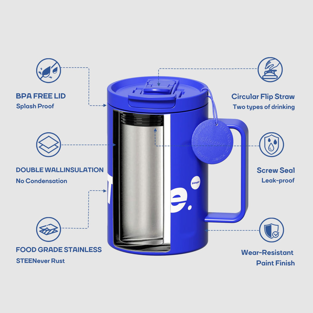 Sidagar 18 oz Stainless Steel Insulated Coffee Mug with Handle and Lid, Double Wall Vacuum Travel Mug, Tumbler Cup with Sliding Lid, Resuable Insulated Coffee Tumbler, Blue