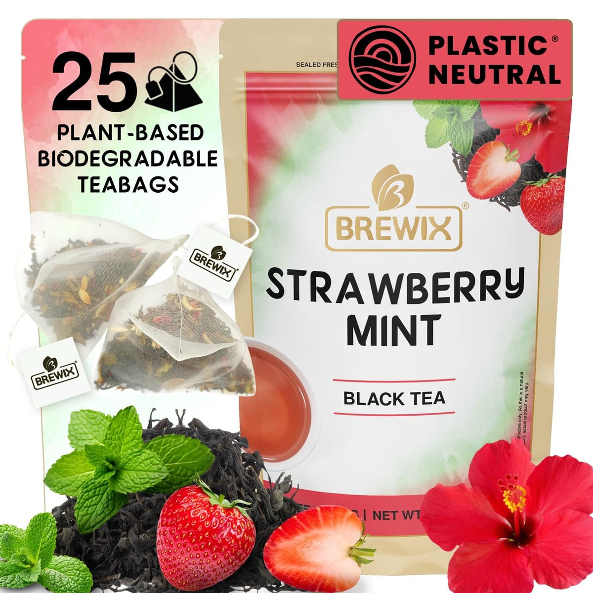 BREWIX, Hibiscus Lychee Tea Bags (25 Plant-Based Tea Bags) Caffeinated Fruit Tea with Real Hibiscus Flowers, Black Tea, Rosehip, Apple, Licorice & Rose | Bright, Fruity & Floral | Hot or Iced