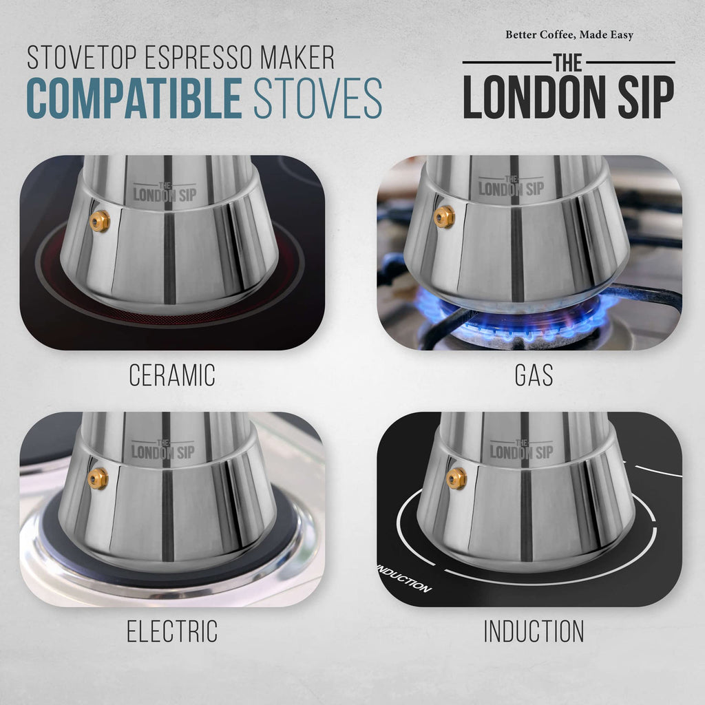 London Sip Stainless Steel Stovetop Espresso Maker Moka Pot Italian Coffee Percolator, Silver, 6 Espresso Cups