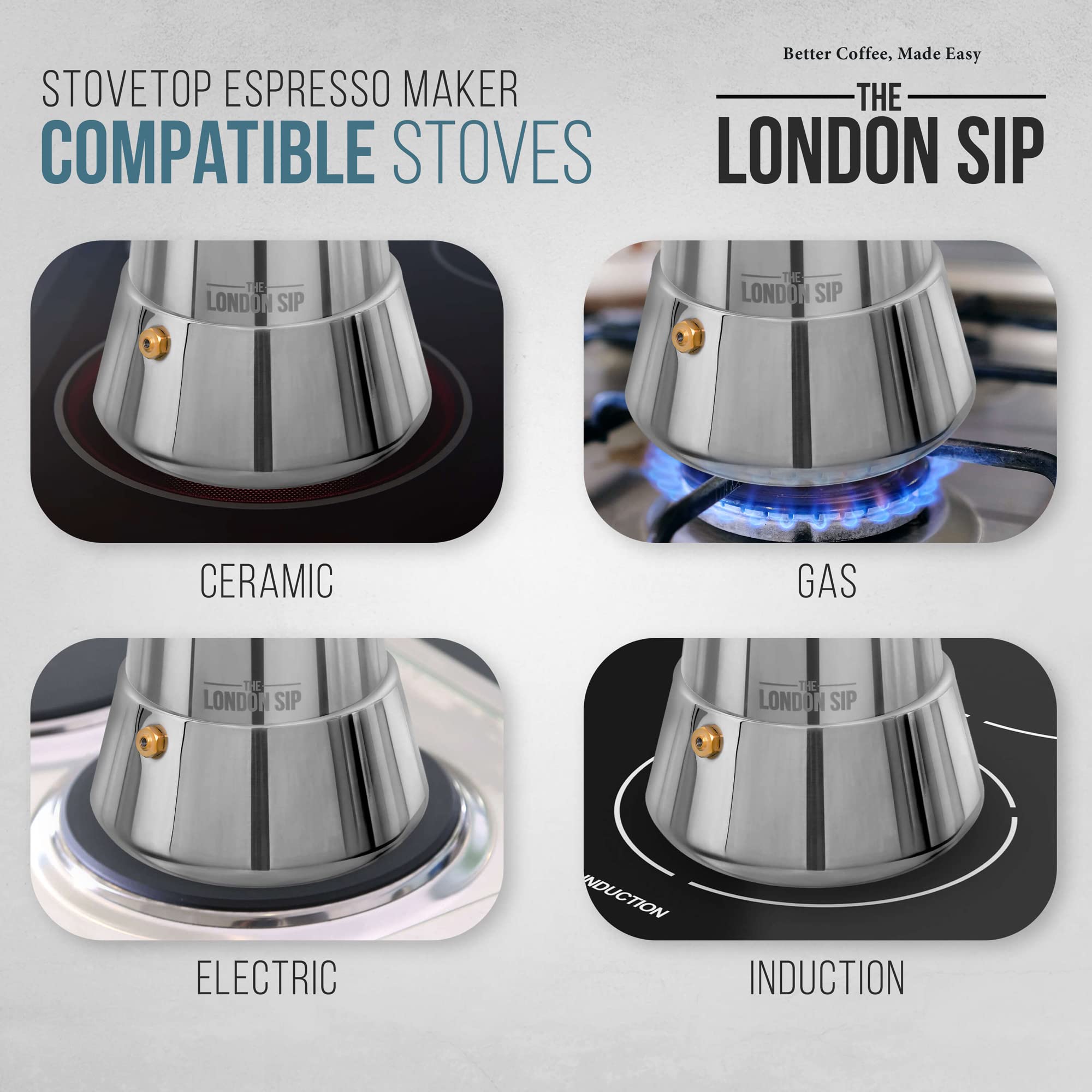 London Sip Stainless Steel Stovetop Espresso Maker Moka Pot Italian Coffee Percolator, Silver, 6 Espresso Cups