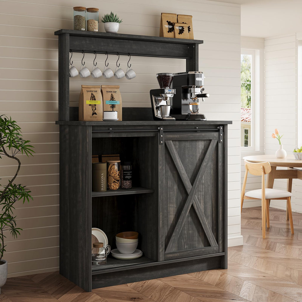 4ever2buy Farmhouse Coffee Bar Cabinet with Sliding Barn Door, 31.5", Dark Oak