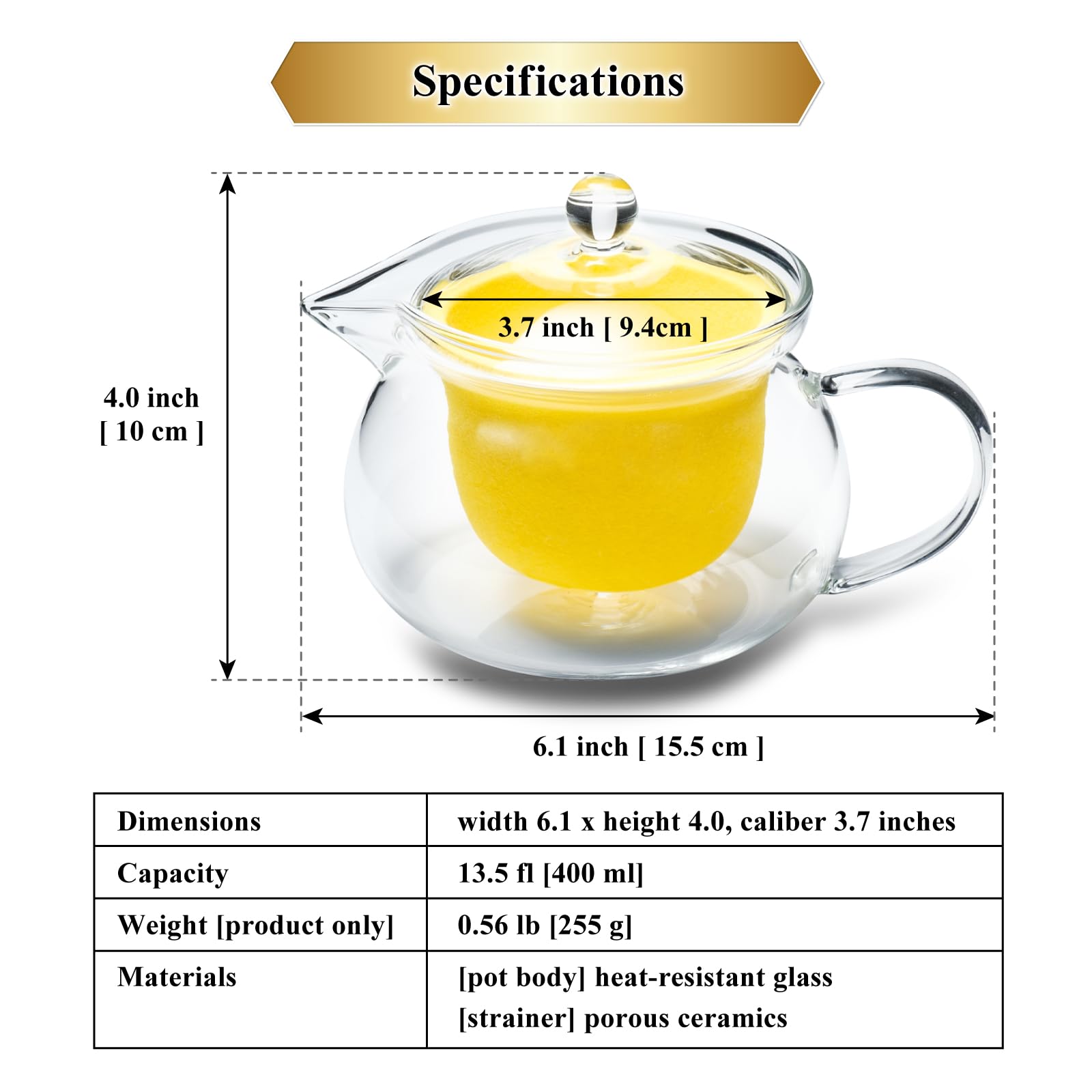 Wablade Heatproof Glass Teapot with Ceramic Infuser, 13.5 fl oz, Japan