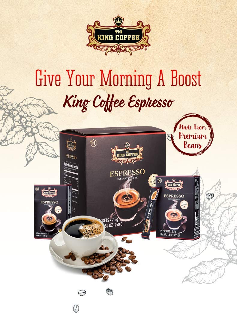 King Coffee Espresso, Vietnamese Instant Coffee Arabica, Medium Dark Roast, 15 Packets x 2.5g, Pack of 1