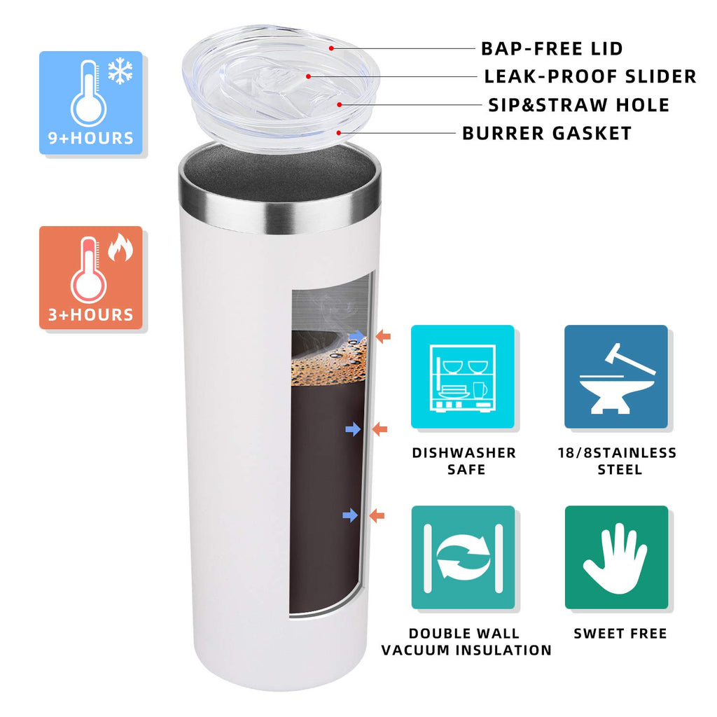 HASLE OUTFITTERS 20 oz Skinny Tumblers Bulk Set, Stainless Steel Insulated Slim Tumblers with Lids, Reusable Double Wall Travel Coffee Mugs, Durable Powder Coated Travel Water Cups(White, 8)
