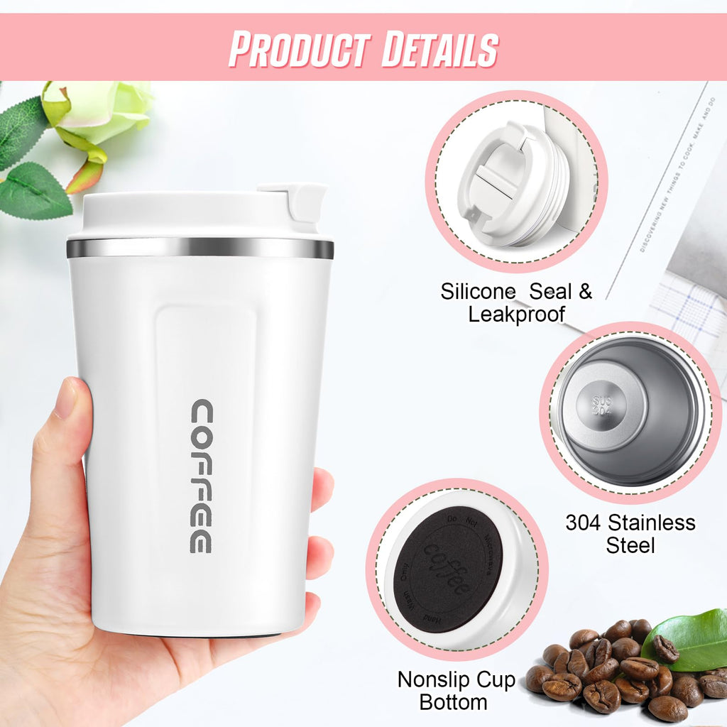 Sieral 4 Pcs 13 oz Travel Coffee Mug Insulated Reusable Coffee Cups with Leakproof Lid Stainless Steel Portable Tumbler for Keep Hot or Ice Milk Tea(White)