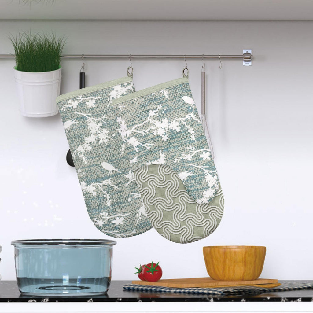 Alselo Thumb Oven Mitts, Heat and Slip Resistant Silicone Kitchen Mittens 2-Pack Set, Aqua Birds Soft Long Oven Gloves, Flexible Thick Potholders for Safe Baking Cooking and Grilling (Aqua)