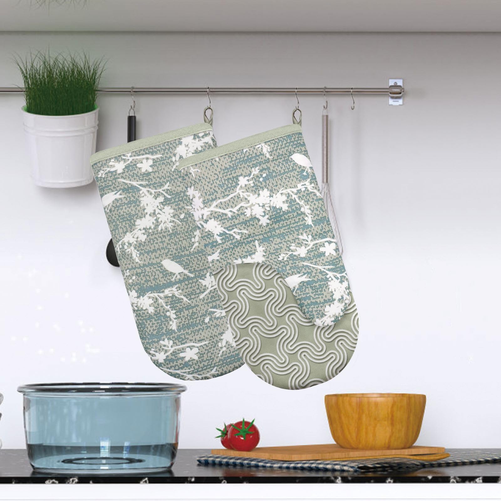 Alselo Thumb Oven Mitts, Heat and Slip Resistant Silicone Kitchen Mittens 2-Pack Set, Aqua Birds Soft Long Oven Gloves, Flexible Thick Potholders for Safe Baking Cooking and Grilling (Aqua)