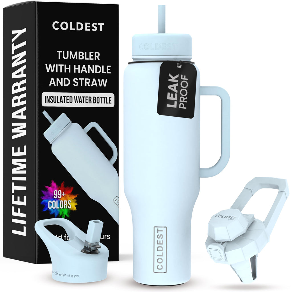 Coldest Tumbler with Handle and Straw - 100% Leak Proof Insulated Tumbler with Lid and Straw (3 Lids) - Stainless Steel Tumblers for Women & Men - Cup Holder Friendly Base, 46 oz (Morning Mist)