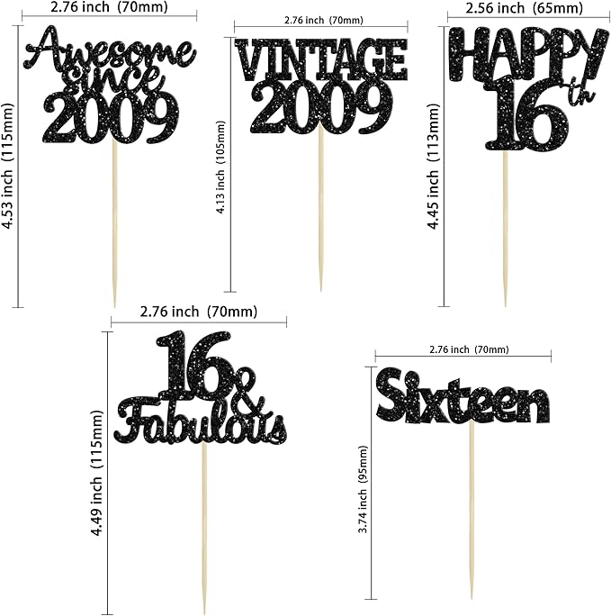 Gyufise 30Pcs Vintage 2009 Cupcake Toppers Glitter Sweet 16 Happy 16th Birthday Cake Decorations for Happy 16th Birthday Fabulous Anniversary Party Supplies Black