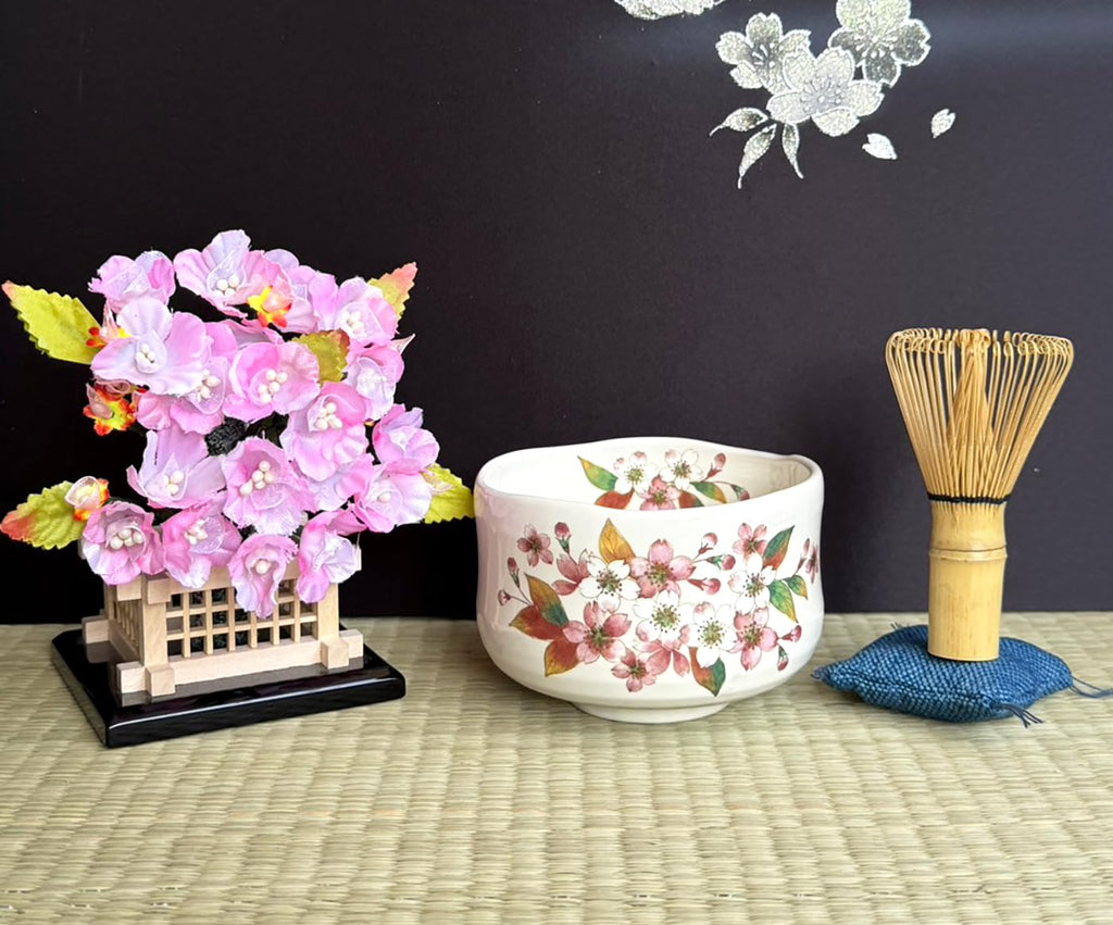 Waraku Fuuka Japanese Traditional Mino Ware Handcrafted Mini Matcha Chawan Tea Bowl Cup Set With Chasen Bamboo Tea Whisk Ceremony Tableware Pottery (Kohiki Sakura)