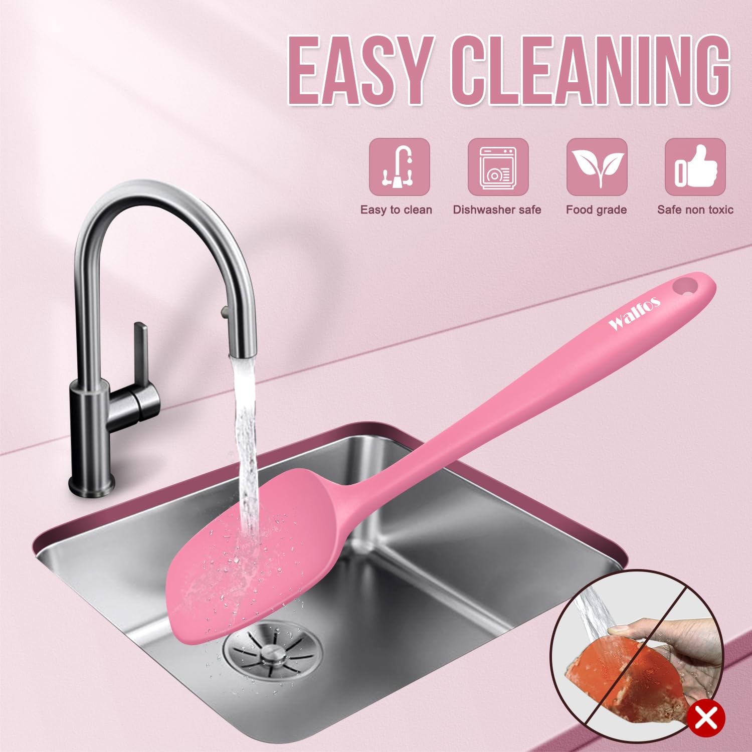 Walfos Silicone Spatula Set of 5 - (600°F) High Heat Resistant Kitchen Scraper Spatulas, One-Pieces Seamless Design, Perfect for Cooking Mixing & Baking - BPA Free and Dishwasher Safe（Pink）
