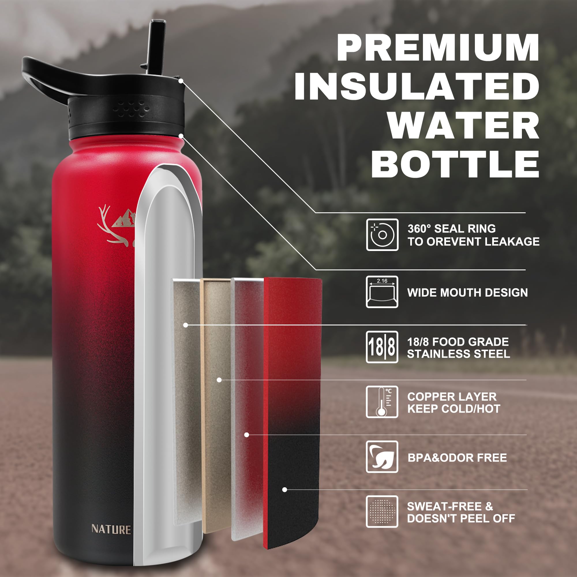 NATURE PIONEOR 40 oz Insulated Water Bottle with Carrier Bag & 3 Lids