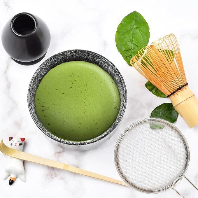 Matcha Whisk Set, Matcha Tea Set Included Matcha Bowl, Bamboo Matcha Whisk, Scoop, Matcha Whisk Holder, Spoon Stand, Matcha Sifter, Japanese Matcha Set for Beginners, Black