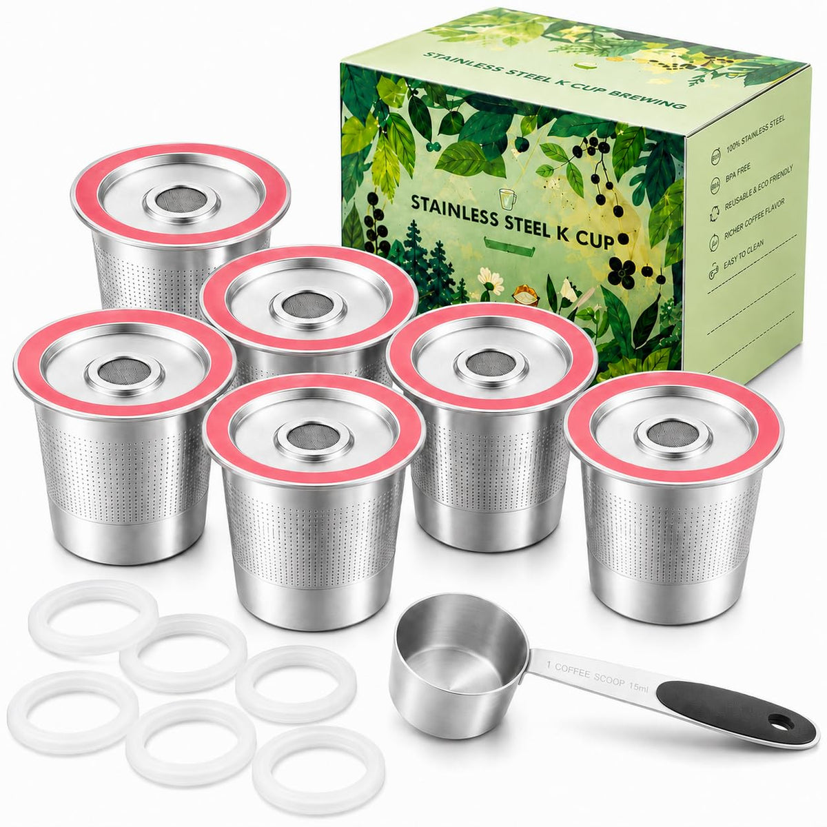 JavaNest 6 Pack Reusable K Cups for Keurig 2.0 & 1.0, Stainless Steel Reusable Coffee Pods for Keurig, Reusable Pods, Refillable Coffee Filter with Scoop & 6 Extra Seals (6 * new for Keurig 2.0 & 1.0)
