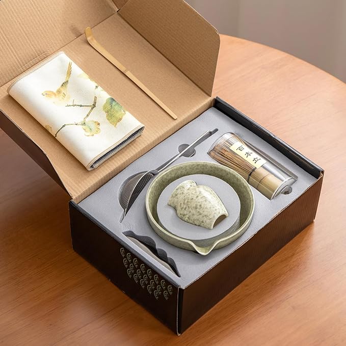 Japanese Matcha Ceremony Accessory, Matcha Whisk, Traditional Scoop (Chashaku), Tea Spoon, Whisk Holder, 1 tea bowl, 1 tea siev, The Perfect Set to Prepare a Traditional Cup of Matcha.