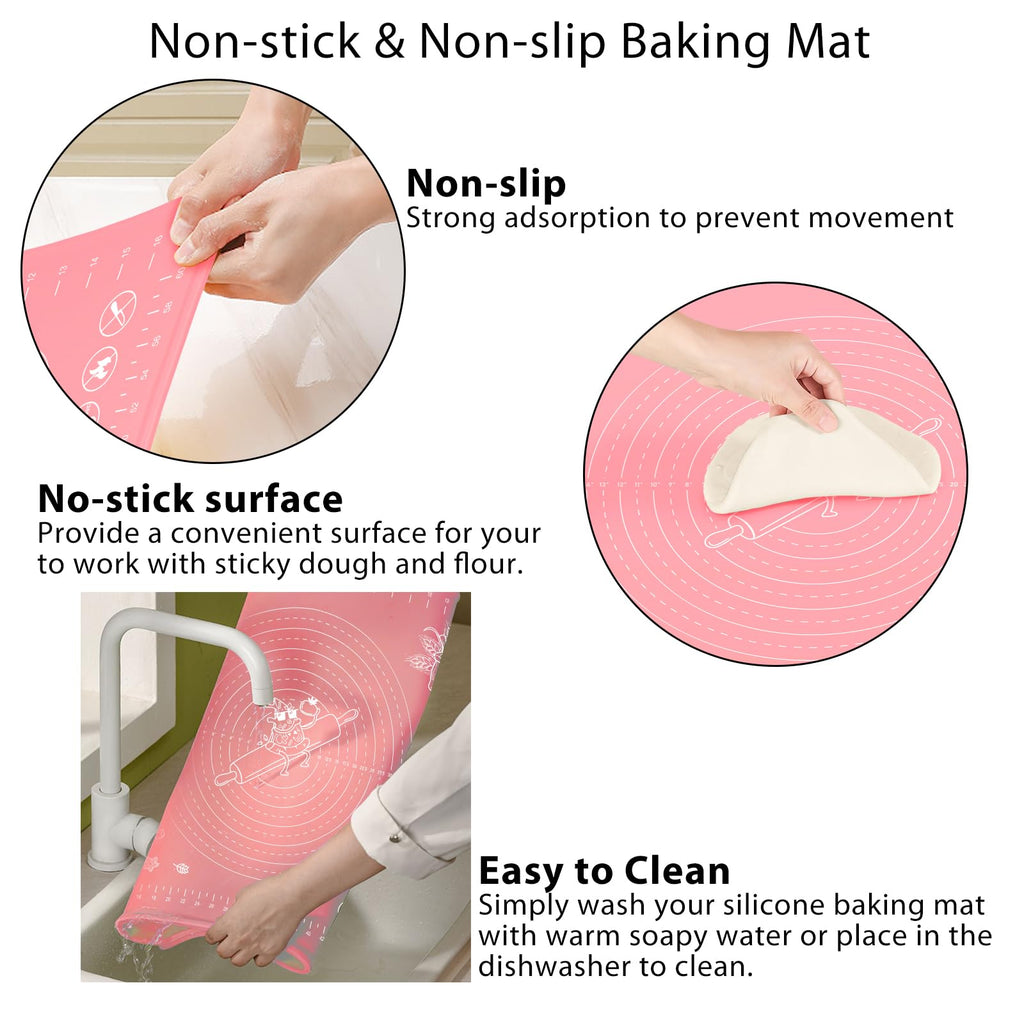 Silicone Pastry Mat 28" x 20" Extra Thick Non Stick Baking Mat with Measurements and Edge Heightening, Food Grade Silicone Rolling Mat for Pastry, Bread, Cookies, Pizza, Fondant, Pasta - Pink