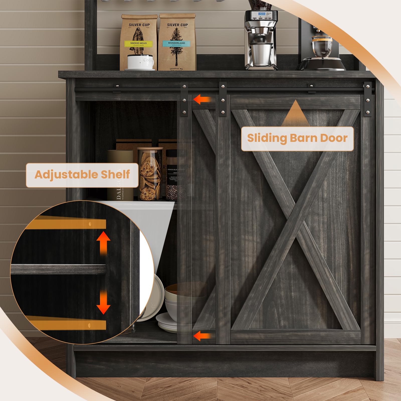 4ever2buy Farmhouse Coffee Bar Cabinet with Sliding Barn Door, 31.5", Dark Oak