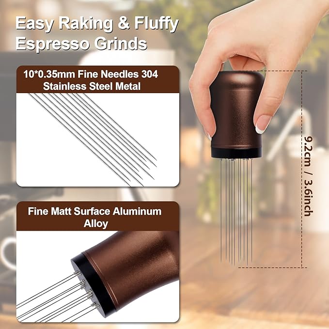 WDT tool, Espresso Distribution tools, 10 x 0.35mm 304 Stainless Steel Needles Installed with 10 Extra needles for Espresso Stirrer Replacement, Aluminum Alloy Handle with Stand (Matte Brown)