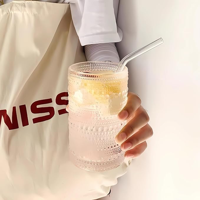4 Pcs Iced Coffee Glasses Cups with Bamboo Lids and Straws,12 oz Thick Emboss Beaded Drinking Glass Cup Set,Latte Glasses,Ideal for Water,Soda,Gift - with Cleaning Brushe
