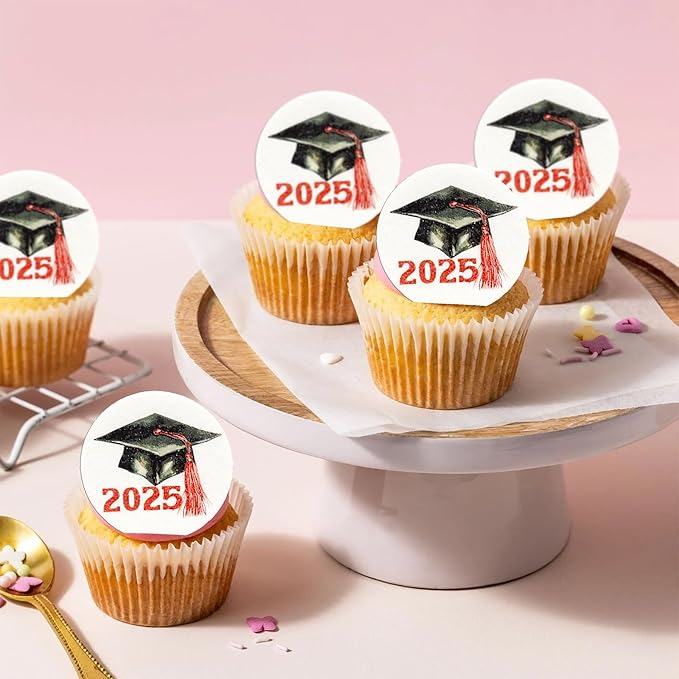 Gyufise 48Pcs Edible 2025 Graduation Cap Cupcake Toppers Wafer Paper Class of 2025 Grad Cap Cupcake Picks for 2025 Graduation Theme Party Cake Decorations Supplies Red