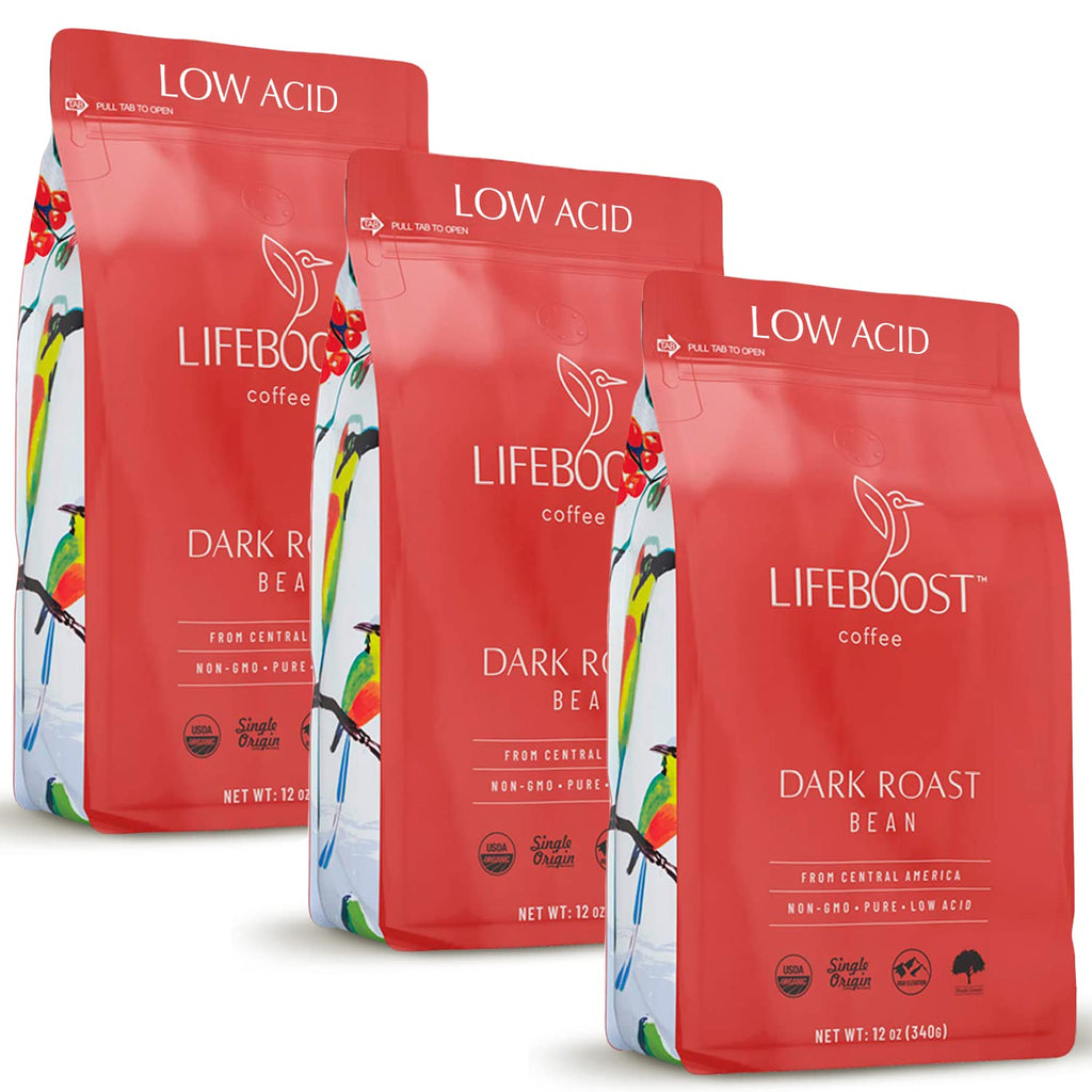 Lifeboost Dark Roast Whole Bean Coffee - Low Acid Organic Coffee, Non-GMO, USDA Organic, Single Origin, Third-Party Tested for Mycotoxins & Pesticides - 12 oz, Pack of 3