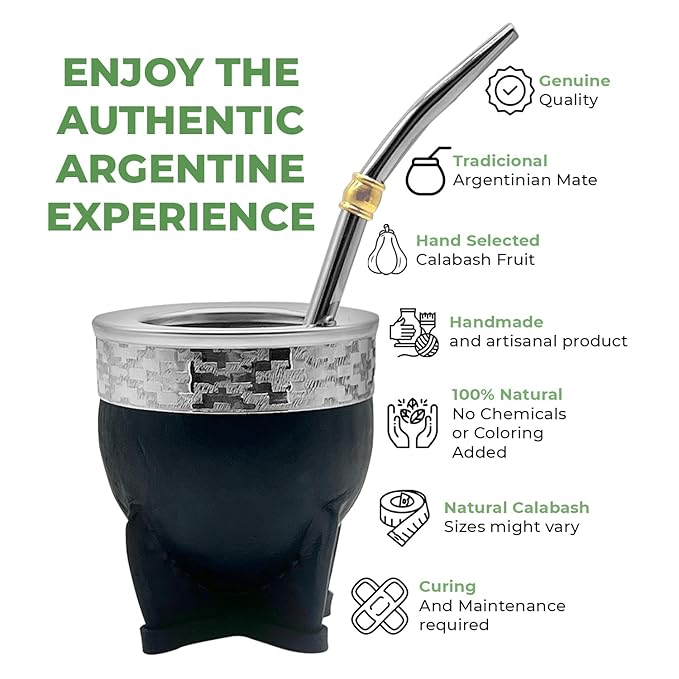 Premium Argentina-Uruguay Yerba Mate Cup and Bombilla Set, Organic Gourd Tea Mug with Steel Straw (Bombilla) and Cleaning Brush, Handcrafted for Loose Leaf Yerba Mate Tea - Imperial Version