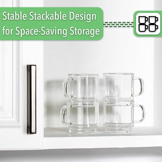 BTaT- Stackable Double Wall Glass Cups, Set of 4 (8 oz, 240 ml), Tea and Coffee Mugs, Cappuccino, Latte Cups, Clear