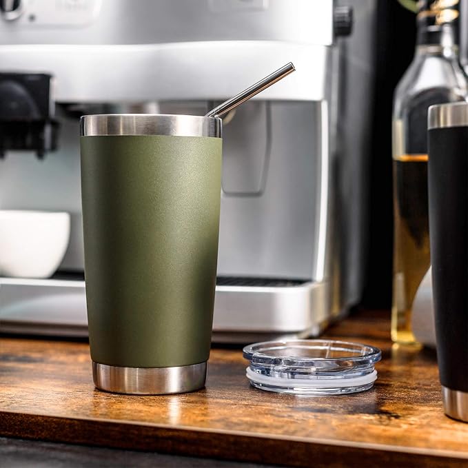 COMOOO 20oz Double Wall Vacuum Insulated Travel Mug, Stainless Steel Tumbler with Lid and Straw Durable Powder Coated Insulated Coffee Cup for Cold & Hot Drinks（Army Green, 1 Pack）