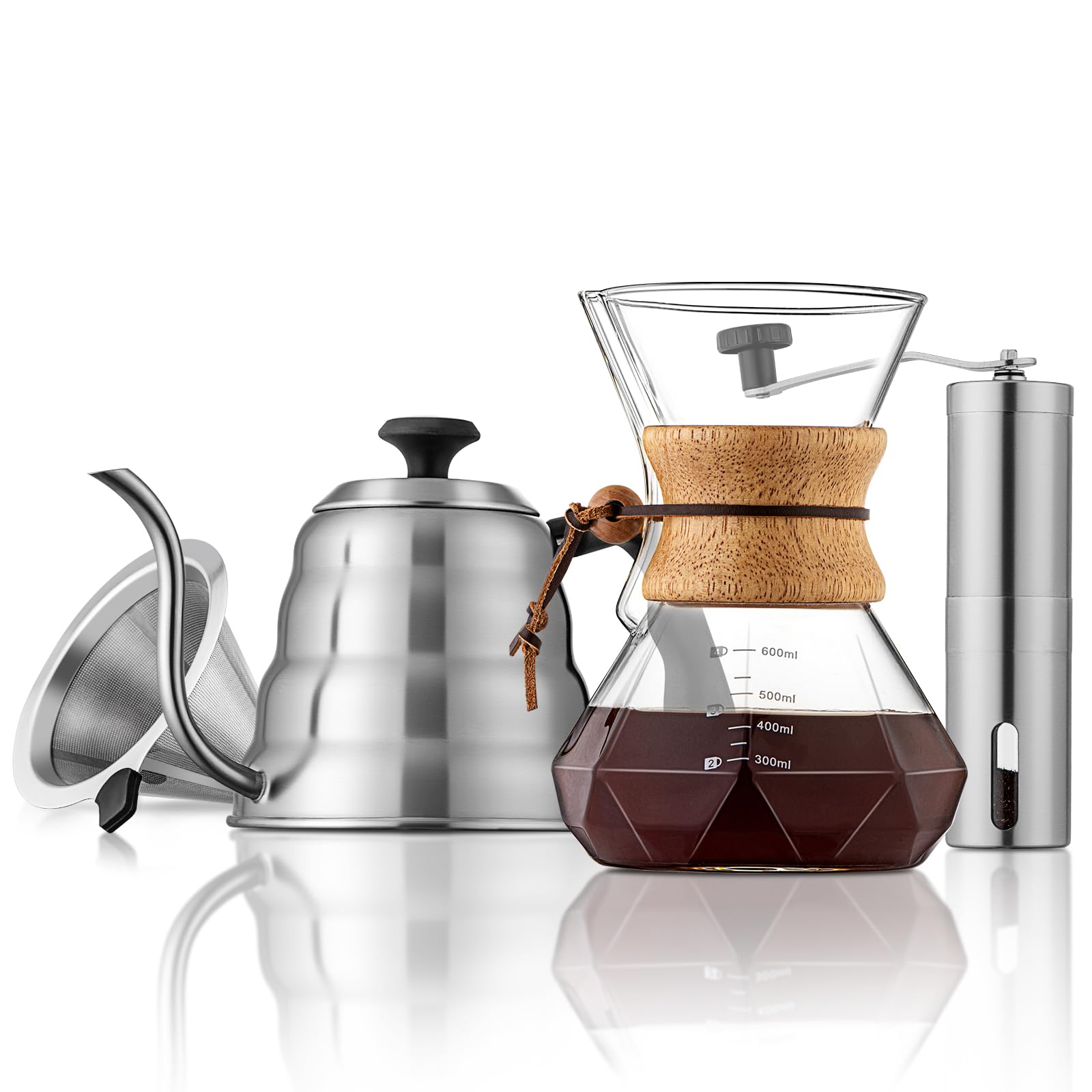 shoxil Pour Over Coffee Maker Set – 40oz Gooseneck Kettle with Thermometer, Coffee Grinder & 20oz Drip Coffee Maker – Stainless Steel Pour Over Coffee Set