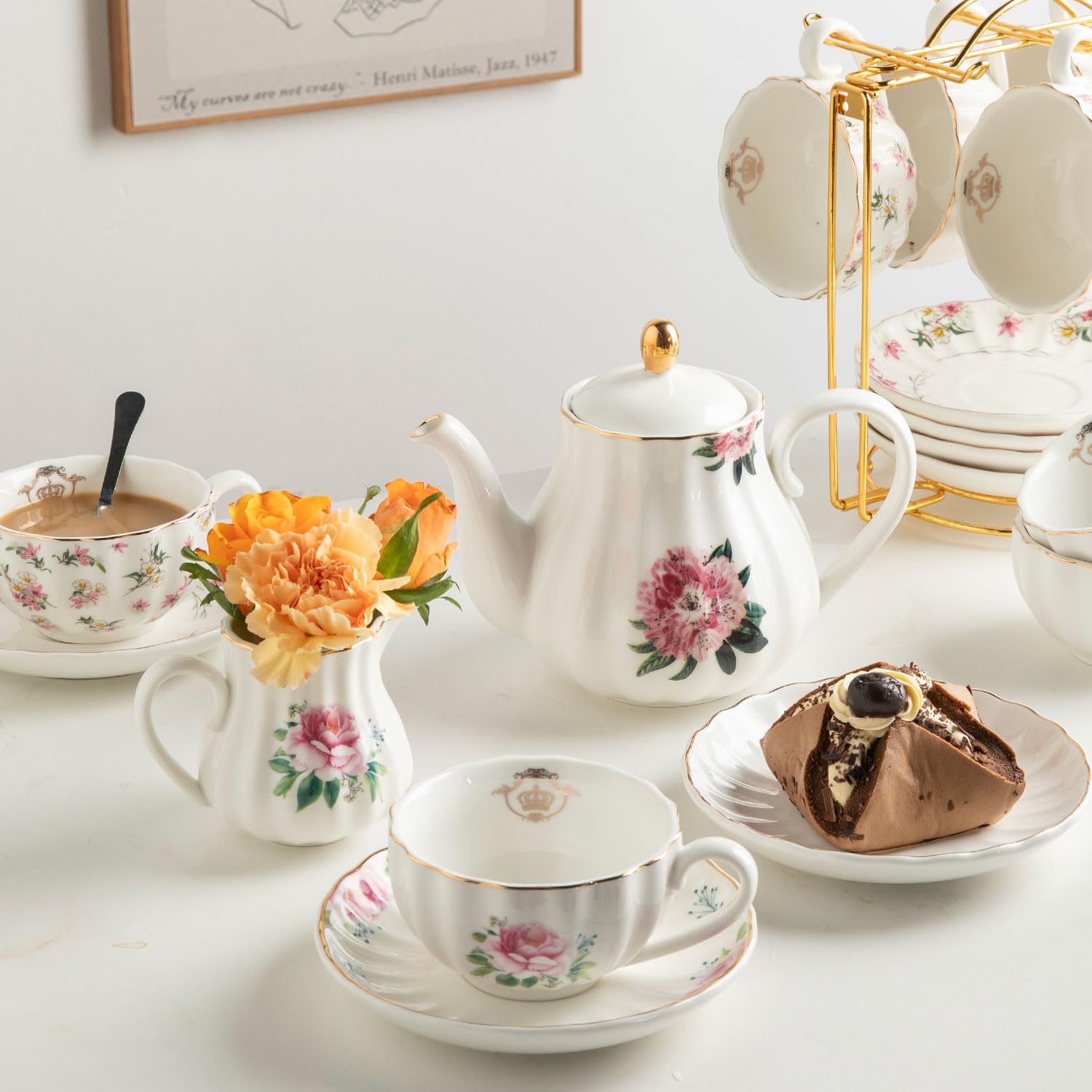 Sweejar Porcelain Tea Sets British Royal Series, 8 OZ Cups & Saucer Service for 6, with Teapot Sugar Bowl Cream Pitcher Teaspoons and Tea Strainer, Suitable for High Tea, Wedding, Party(Blush Pink)