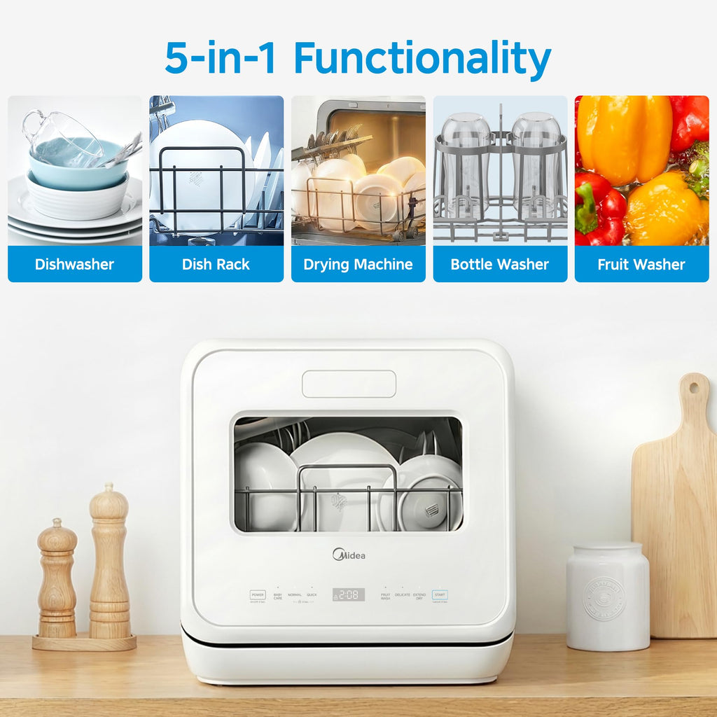 Midea Countertop Dishwasher with 1.32Gal Tank, Baby Care, 5+1 Programs