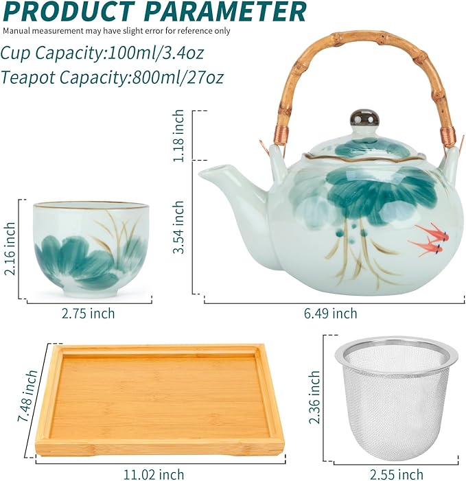 Japanese Tea Set Porcelain Tea Set with Teapot and Tea Cup Set for 4, Green and White Tea Sets for Adults with Stainless Infuser and Bamboo Tray, Asian Tea Set for Tea Lovers/Women/Men (Lotus)