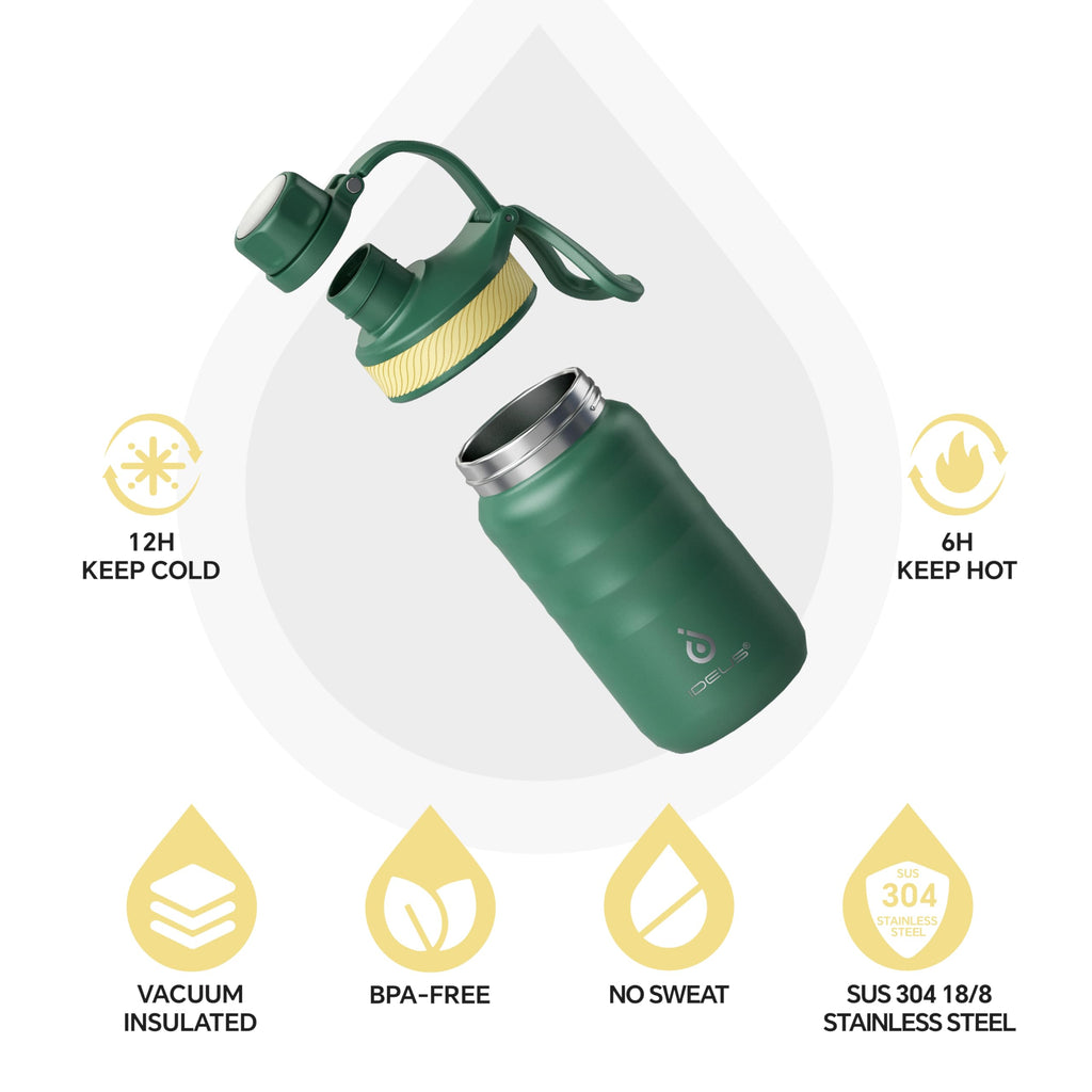 IDEUS Insulated Water Bottle 12oz, Stainless Steel Insulated Water Bottle For School, Insulated Bottles With Straws Leakproof, Vacuum Double Wall Water Bottles For Boys And Girls With 2 Lids, BPA Free