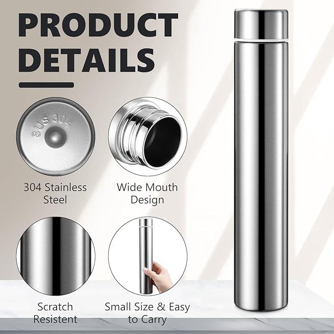 Vesici Slim Water Bottle 8.8 oz Small Stainless Steel Purse Compact Insulated Water Bottles Camping Travel Backpack Pocket Flask for Car Cold Coffee Tea(Silver,2 Pack)