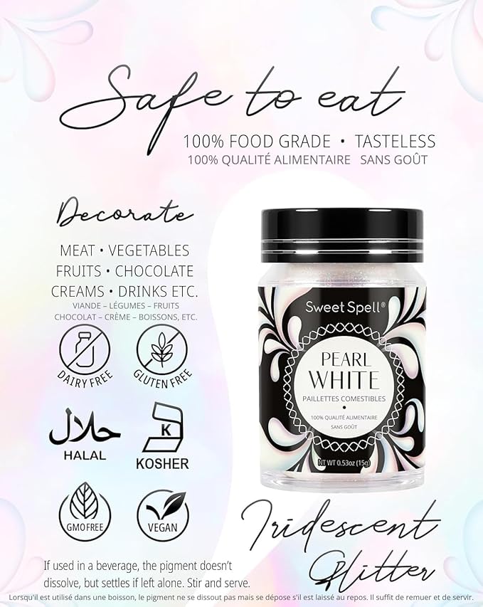 Sweet Spell Edible Glitter (15g) - Shimmer Sparkles for Drinks, Cakes, Cocktails - 100% Edible & Food Grade Glitter, Vegan, Gluten-Free (Iridescent Pearl White)