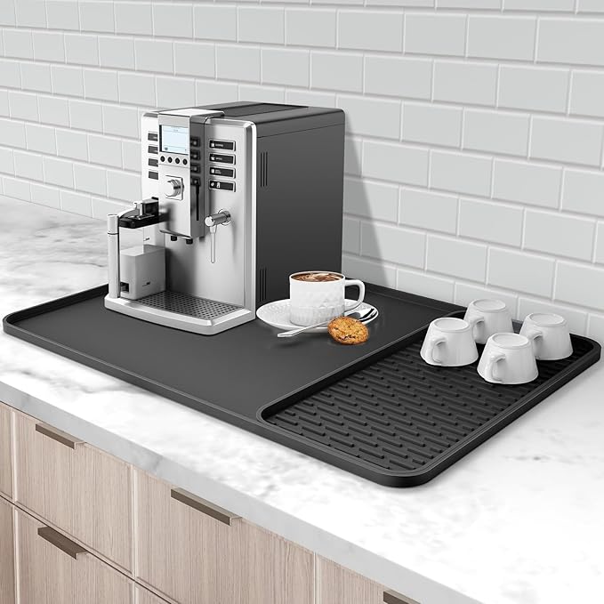 Silicone Coffee Mat,16''x16'' Coffee Bar Mat with Detachable Dish Drying Mat for Kitchen Countertops,Coffee Bar Accessories Fit Under Coffee Maker Coffee Machine Coffee Pot Espresso Machine Dish Rack