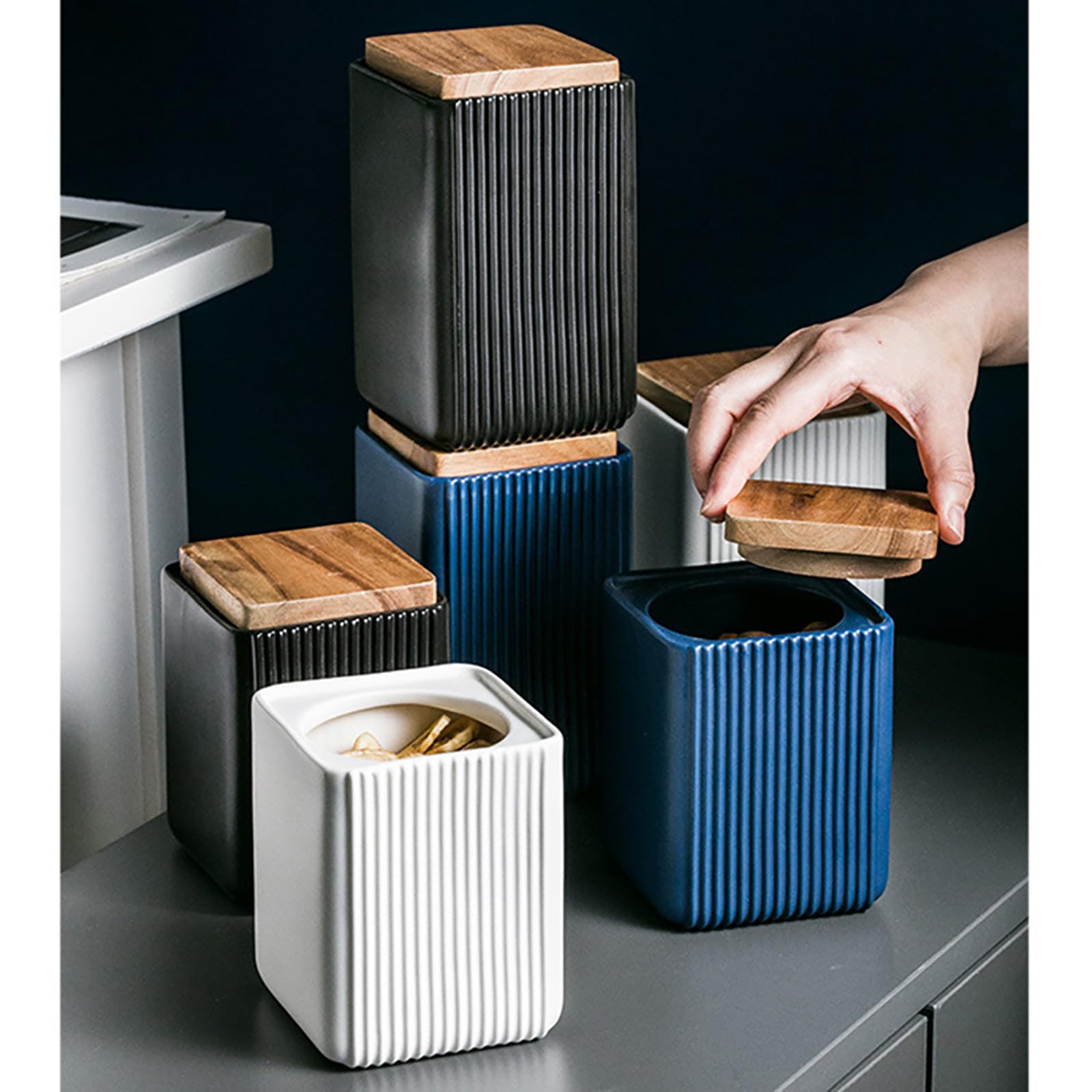 Jueison Ceramic Storage Jars Modern Airtight Coffee Canisters With Lid (Black,Small size,13cm*10cm)
