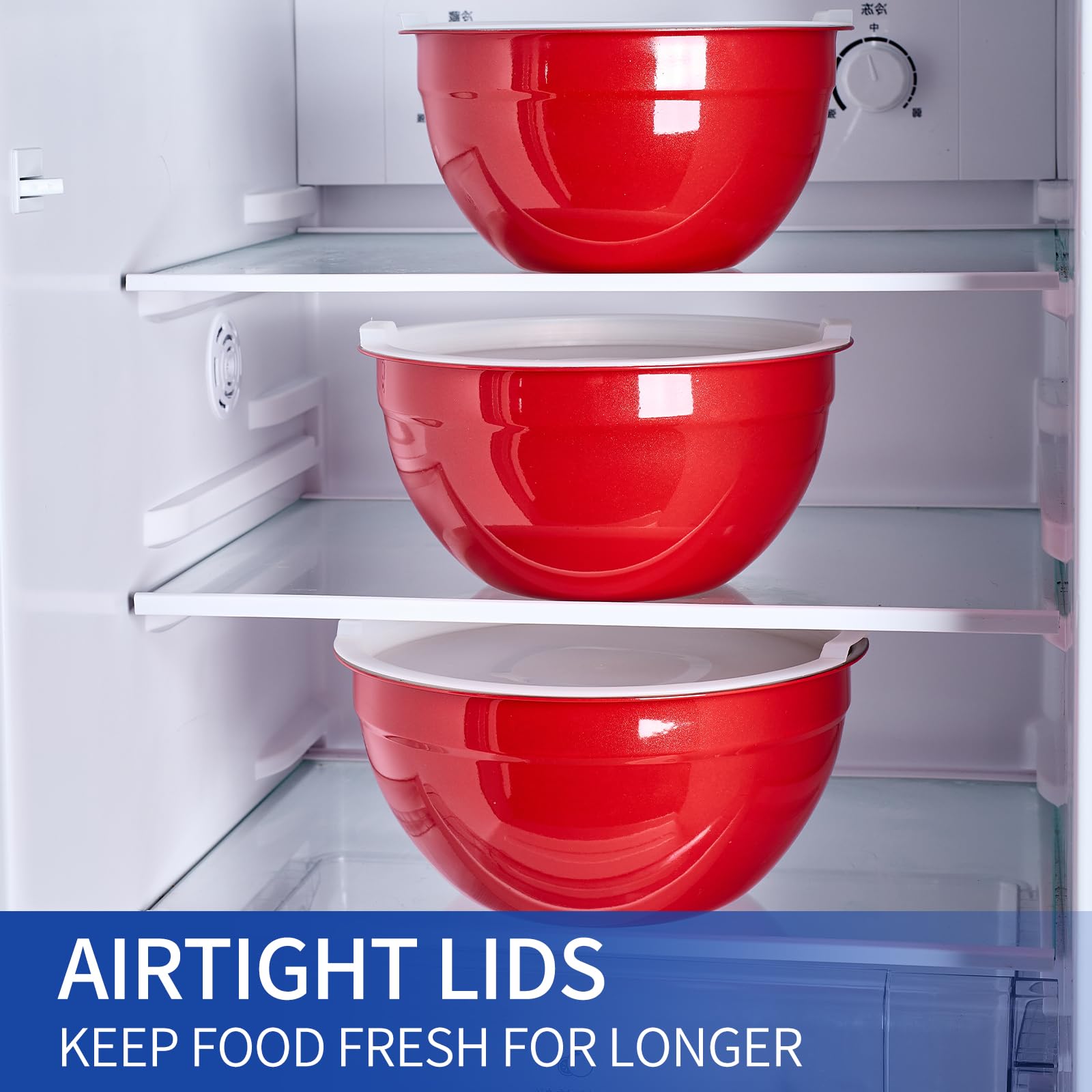 Onlycooker Red Mixing Bowls With Airtight Lids,Stainless Steel Bowl,Salad Bowls 7 Piece Colorful Nesting Bowl Red Kitchen Accessories,Size 7,3.6,2.7,2.1,1.5,1.1,0.8QT Stackable Design