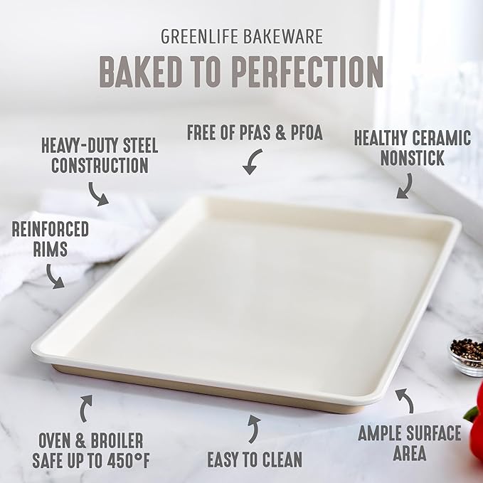 GreenLife Bakeware 18” x 13” Half Cookie Sheet Baking Pan, Non-Toxic PFAS-Free Healthy Ceramic Nonstick, Oven Safe to 450°F, Easy Release, Even Heating, Easy Clean, Taupe