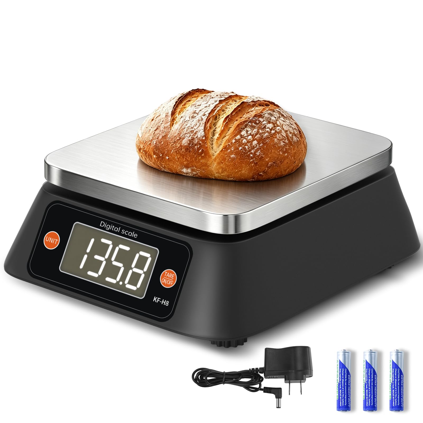 Kitchen Scales Digital Weight Grams and Ounces, YONCON KF-H8U Food Scale for Bakers, Candle and Soap Making, Baking Scale with Stainless Steel Large Platform, 22lb, 3*AA Batteries and AC Power Adapter