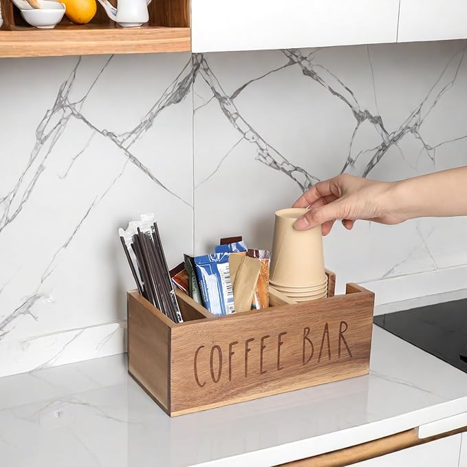 Acacia Wood Station Organizer,Coffee Station Organizer for Cup Lid Stirrers Pod, Disposable Coffee Cup Holder, Farmhouse Accessories Decor, Brown Labeled COFFEE BAR