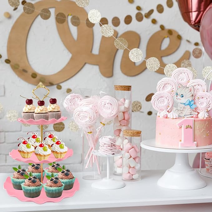 5 Pcs Dessert Table Display Set, Pink Plastic 2 Pcs Round 3 Tier Cupcake Stand Cup Cake Tower Stand with Metal Rod & 3 Pcs Serving Tray for Baby Shower, Tea Party, Wedding, Birthday Party